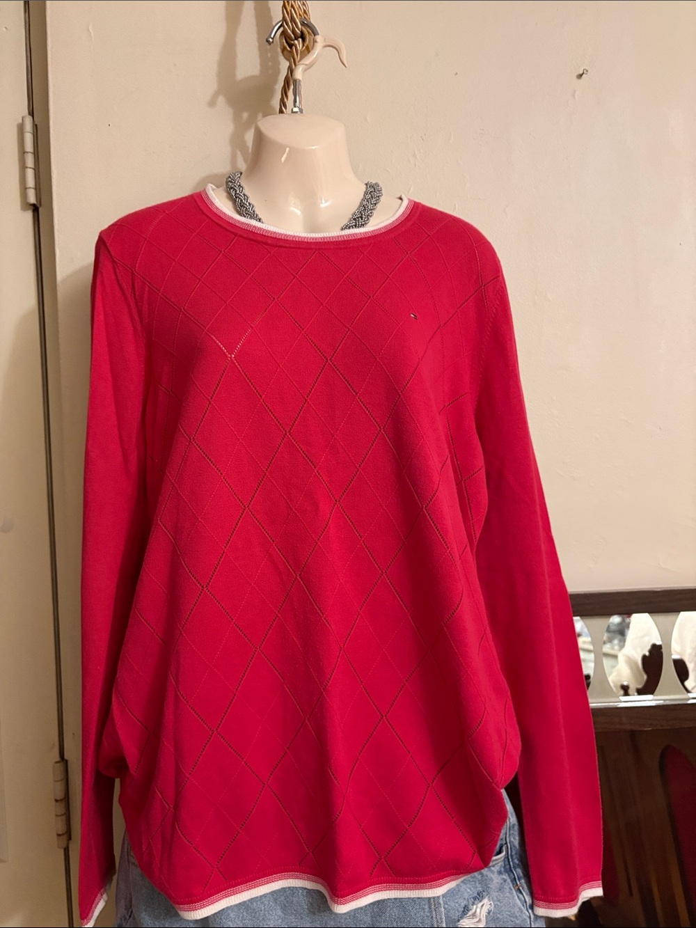Tommy Hilfiger Red Diamond-Pattern Crewneck Sweater with White Trim. Cotton